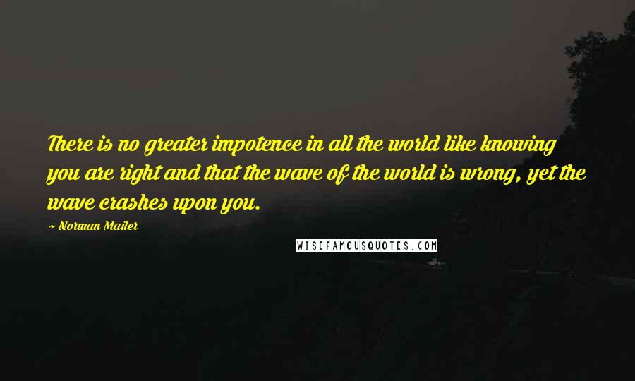 Norman Mailer Quotes: There is no greater impotence in all the world like knowing you are right and that the wave of the world is wrong, yet the wave crashes upon you.