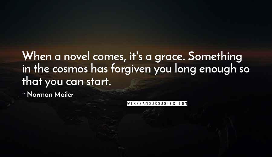 Norman Mailer Quotes: When a novel comes, it's a grace. Something in the cosmos has forgiven you long enough so that you can start.