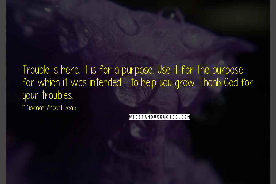 Norman Vincent Peale Quotes: Trouble is here. It is for a purpose. Use it for the purpose for which it was intended - to help you grow. Thank God for your troubles.