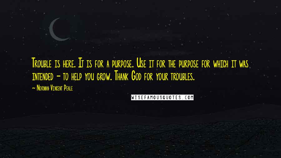 Norman Vincent Peale Quotes: Trouble is here. It is for a purpose. Use it for the purpose for which it was intended - to help you grow. Thank God for your troubles.