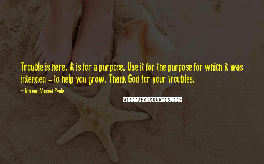 Norman Vincent Peale Quotes: Trouble is here. It is for a purpose. Use it for the purpose for which it was intended - to help you grow. Thank God for your troubles.