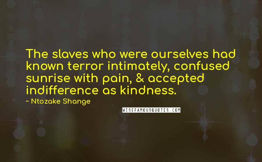 Ntozake Shange Quotes: The slaves who were ourselves had known terror intimately, confused sunrise with pain, & accepted indifference as kindness.