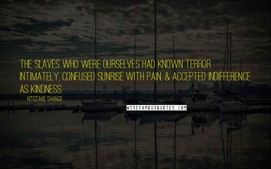 Ntozake Shange Quotes: The slaves who were ourselves had known terror intimately, confused sunrise with pain, & accepted indifference as kindness.