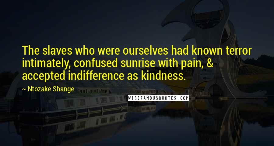 Ntozake Shange Quotes: The slaves who were ourselves had known terror intimately, confused sunrise with pain, & accepted indifference as kindness.