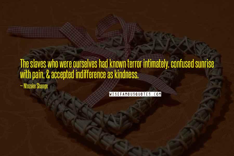 Ntozake Shange Quotes: The slaves who were ourselves had known terror intimately, confused sunrise with pain, & accepted indifference as kindness.