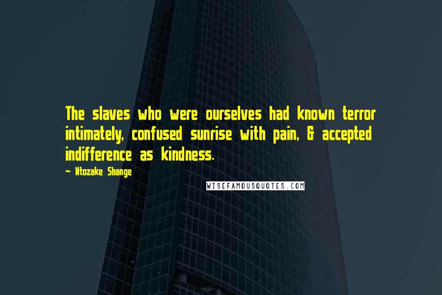 Ntozake Shange Quotes: The slaves who were ourselves had known terror intimately, confused sunrise with pain, & accepted indifference as kindness.