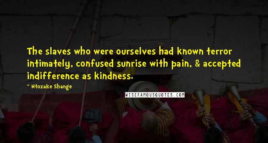 Ntozake Shange Quotes: The slaves who were ourselves had known terror intimately, confused sunrise with pain, & accepted indifference as kindness.