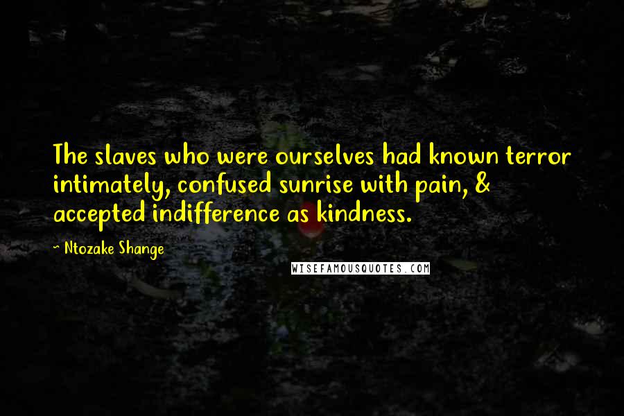 Ntozake Shange Quotes: The slaves who were ourselves had known terror intimately, confused sunrise with pain, & accepted indifference as kindness.