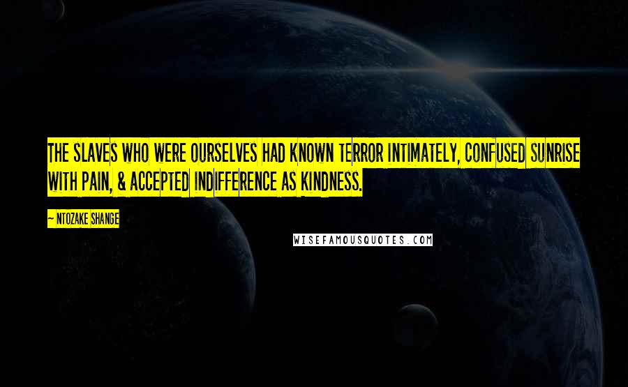 Ntozake Shange Quotes: The slaves who were ourselves had known terror intimately, confused sunrise with pain, & accepted indifference as kindness.