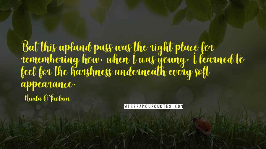 Nuala O'Faolain Quotes: But this upland pass was the right place for remembering how, when I was young, I learned to feel for the harshness underneath every soft appearance.