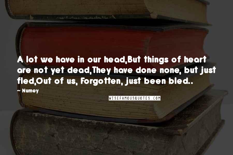 Numey Quotes: A lot we have in our head,But things of heart are not yet dead,They have done none, but just fled,Out of us, Forgotten, just been bled..