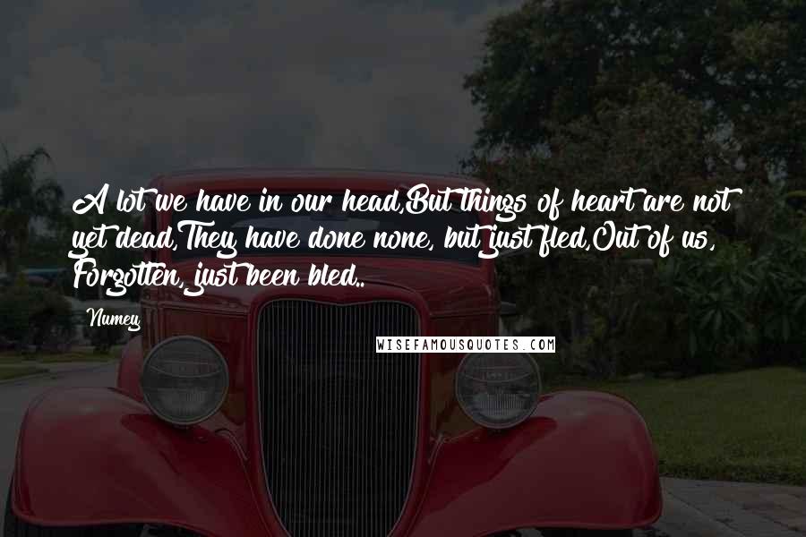 Numey Quotes: A lot we have in our head,But things of heart are not yet dead,They have done none, but just fled,Out of us, Forgotten, just been bled..