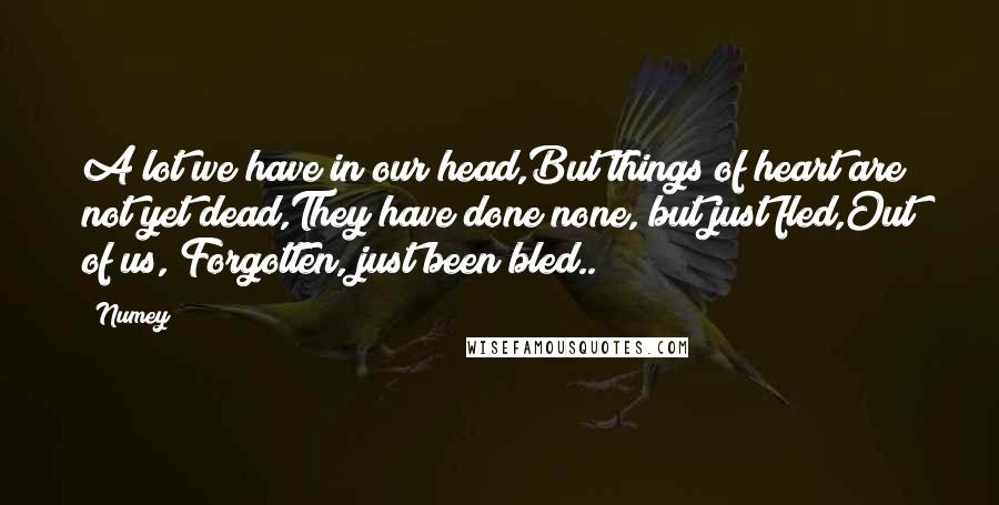 Numey Quotes: A lot we have in our head,But things of heart are not yet dead,They have done none, but just fled,Out of us, Forgotten, just been bled..