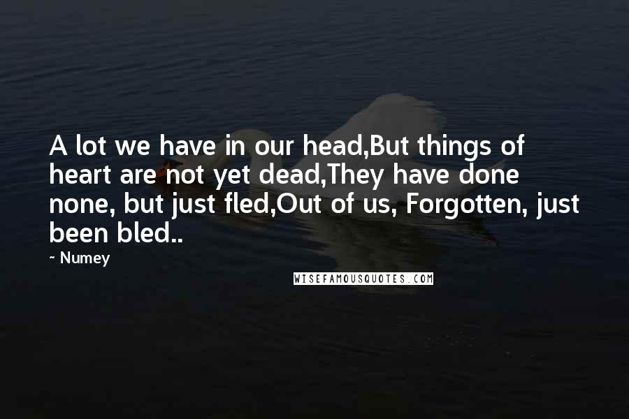 Numey Quotes: A lot we have in our head,But things of heart are not yet dead,They have done none, but just fled,Out of us, Forgotten, just been bled..