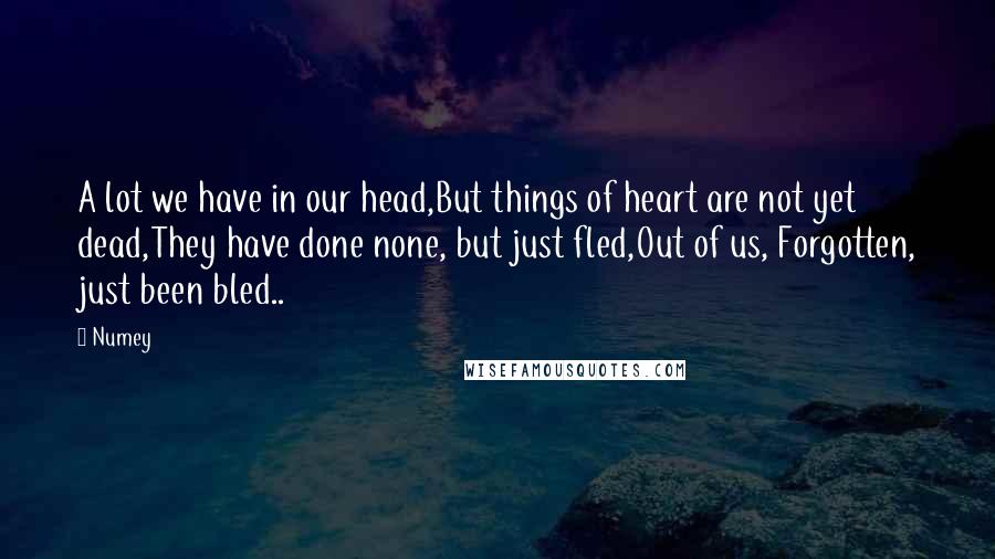 Numey Quotes: A lot we have in our head,But things of heart are not yet dead,They have done none, but just fled,Out of us, Forgotten, just been bled..