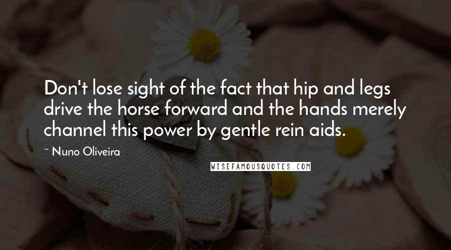 Nuno Oliveira Quotes: Don't lose sight of the fact that hip and legs drive the horse forward and the hands merely channel this power by gentle rein aids.