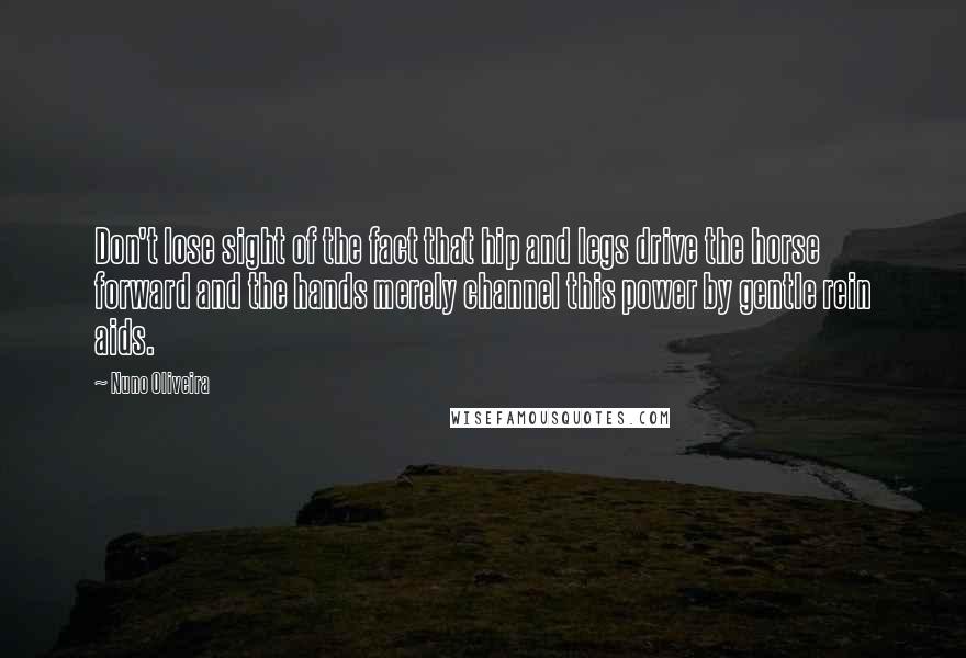 Nuno Oliveira Quotes: Don't lose sight of the fact that hip and legs drive the horse forward and the hands merely channel this power by gentle rein aids.