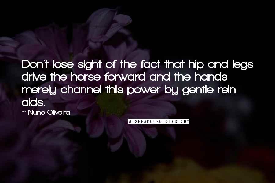 Nuno Oliveira Quotes: Don't lose sight of the fact that hip and legs drive the horse forward and the hands merely channel this power by gentle rein aids.