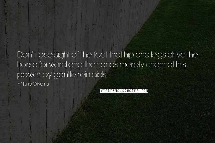 Nuno Oliveira Quotes: Don't lose sight of the fact that hip and legs drive the horse forward and the hands merely channel this power by gentle rein aids.