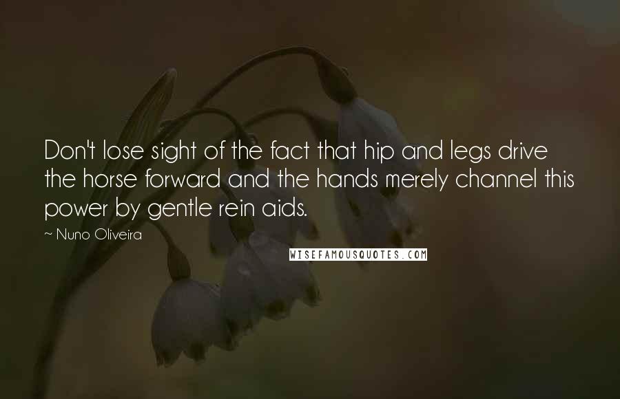 Nuno Oliveira Quotes: Don't lose sight of the fact that hip and legs drive the horse forward and the hands merely channel this power by gentle rein aids.