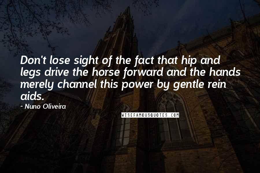 Nuno Oliveira Quotes: Don't lose sight of the fact that hip and legs drive the horse forward and the hands merely channel this power by gentle rein aids.