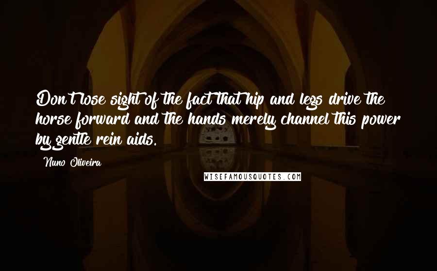 Nuno Oliveira Quotes: Don't lose sight of the fact that hip and legs drive the horse forward and the hands merely channel this power by gentle rein aids.
