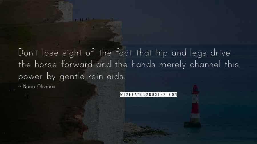 Nuno Oliveira Quotes: Don't lose sight of the fact that hip and legs drive the horse forward and the hands merely channel this power by gentle rein aids.