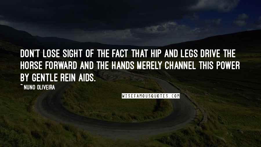 Nuno Oliveira Quotes: Don't lose sight of the fact that hip and legs drive the horse forward and the hands merely channel this power by gentle rein aids.
