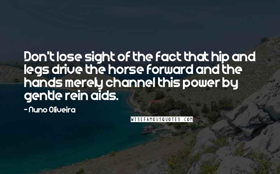Nuno Oliveira Quotes: Don't lose sight of the fact that hip and legs drive the horse forward and the hands merely channel this power by gentle rein aids.