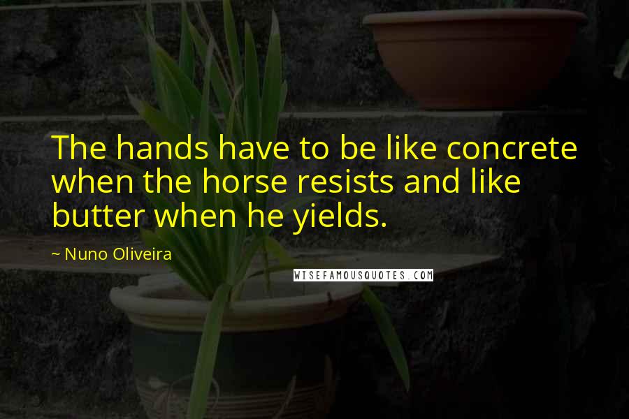 Nuno Oliveira Quotes: The hands have to be like concrete when the horse resists and like butter when he yields.