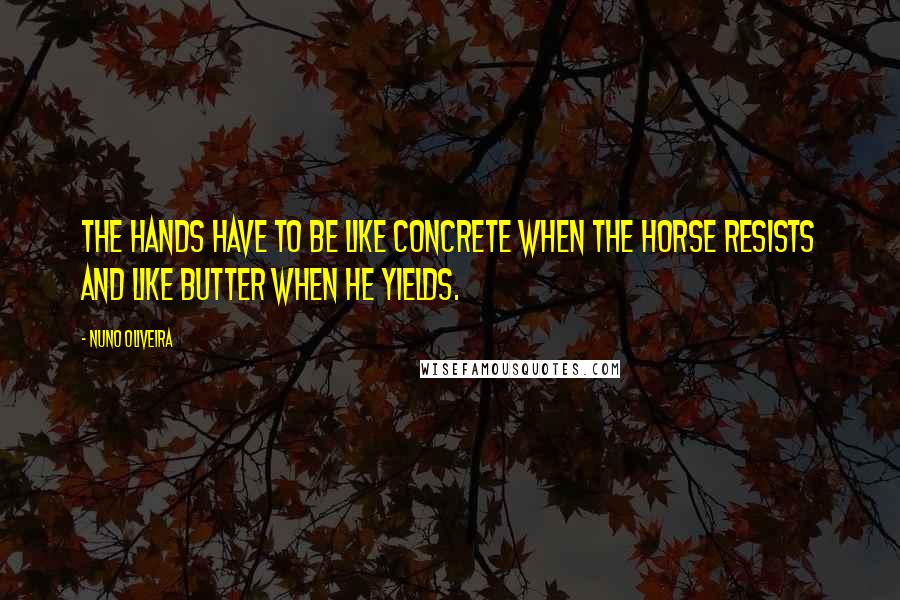Nuno Oliveira Quotes: The hands have to be like concrete when the horse resists and like butter when he yields.