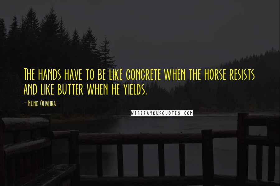 Nuno Oliveira Quotes: The hands have to be like concrete when the horse resists and like butter when he yields.