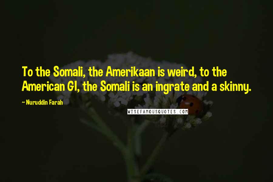 Nuruddin Farah Quotes: To the Somali, the Amerikaan is weird, to the American GI, the Somali is an ingrate and a skinny.