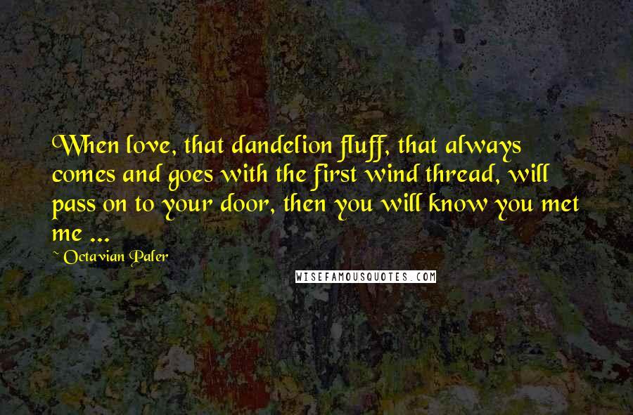 Octavian Paler Quotes: When love, that dandelion fluff, that always comes and goes with the first wind thread, will pass on to your door, then you will know you met me ...