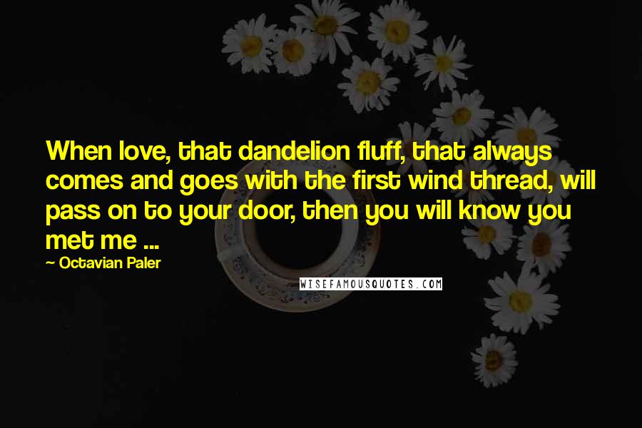 Octavian Paler Quotes: When love, that dandelion fluff, that always comes and goes with the first wind thread, will pass on to your door, then you will know you met me ...