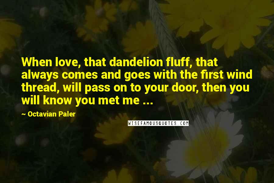 Octavian Paler Quotes: When love, that dandelion fluff, that always comes and goes with the first wind thread, will pass on to your door, then you will know you met me ...