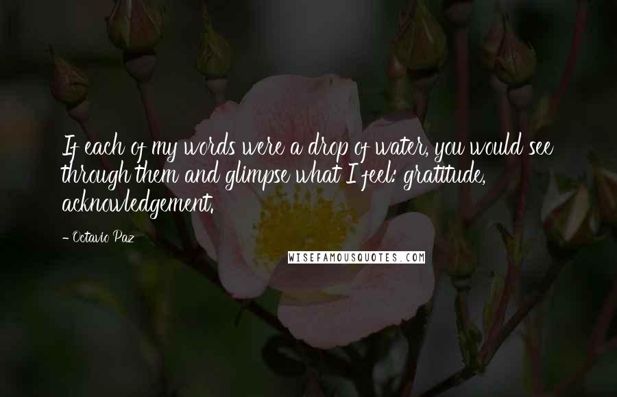 Octavio Paz Quotes: If each of my words were a drop of water, you would see through them and glimpse what I feel: gratitude, acknowledgement.