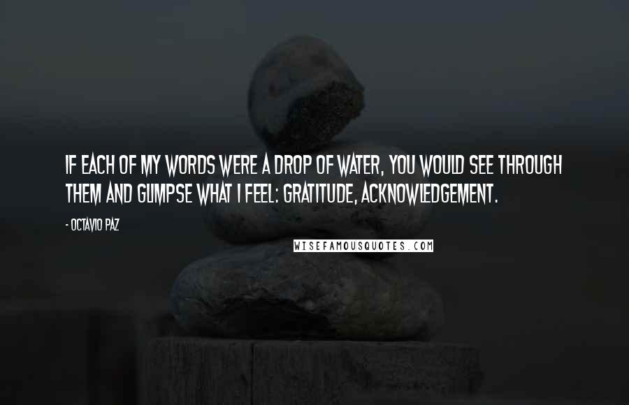 Octavio Paz Quotes: If each of my words were a drop of water, you would see through them and glimpse what I feel: gratitude, acknowledgement.