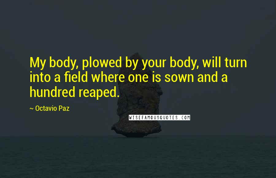 Octavio Paz Quotes: My body, plowed by your body, will turn into a field where one is sown and a hundred reaped.