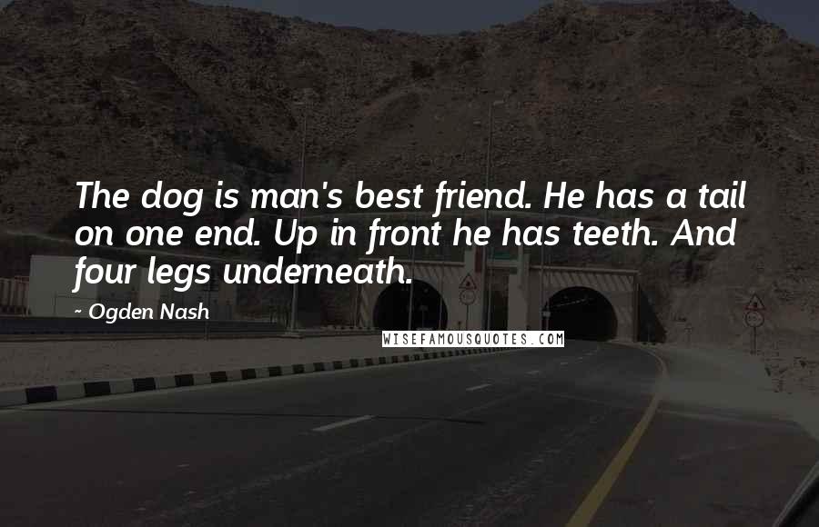 Ogden Nash Quotes: The dog is man's best friend. He has a tail on one end. Up in front he has teeth. And four legs underneath.