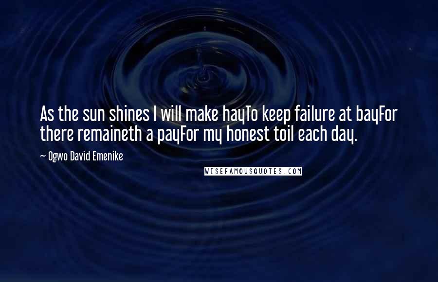 Ogwo David Emenike Quotes: As the sun shines I will make hayTo keep failure at bayFor there remaineth a payFor my honest toil each day.