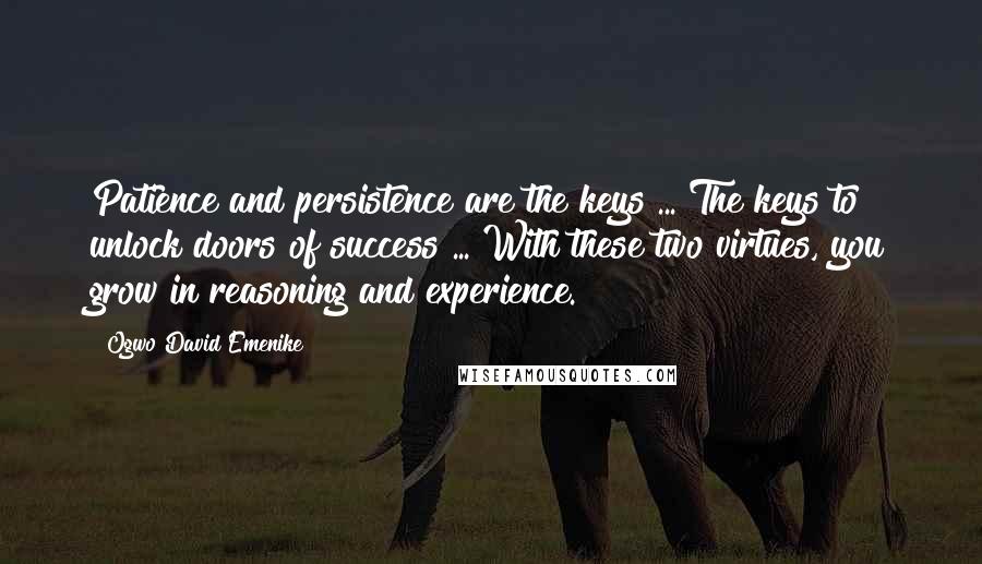 Ogwo David Emenike Quotes: Patience and persistence are the keys ... The keys to unlock doors of success ... With these two virtues, you grow in reasoning and experience.