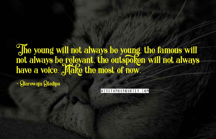Olarewaju Oladipo Quotes: The young will not always be young, the famous will not always be relevant, the outspoken will not always have a voice. Make the most of now.