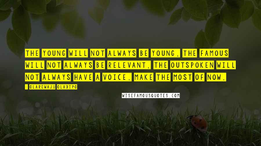 Olarewaju Oladipo Quotes: The young will not always be young, the famous will not always be relevant, the outspoken will not always have a voice. Make the most of now.