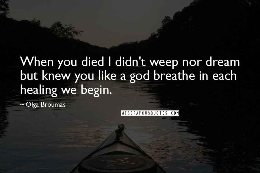 Olga Broumas Quotes: When you died I didn't weep nor dream but knew you like a god breathe in each healing we begin.