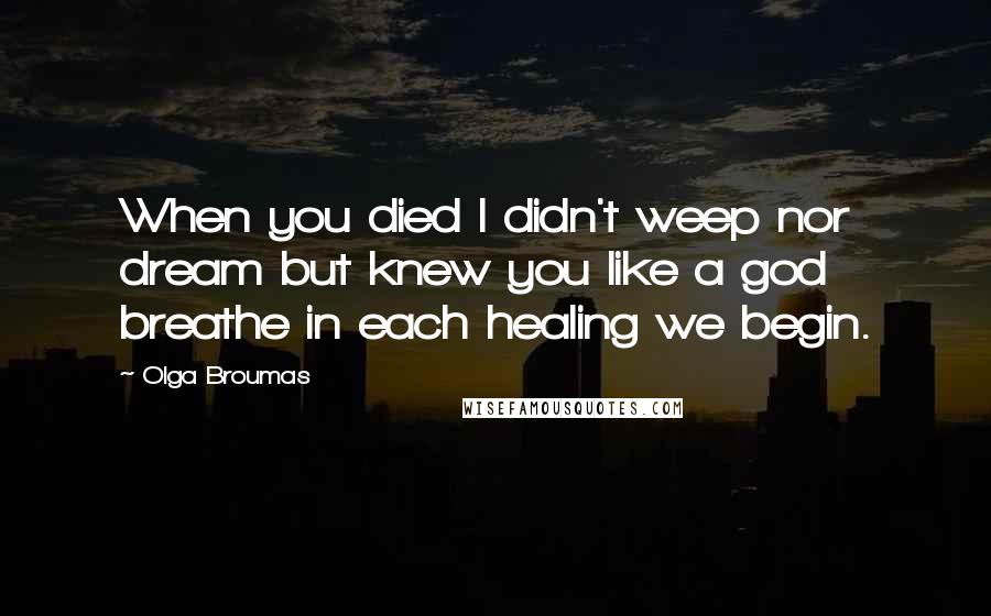 Olga Broumas Quotes: When you died I didn't weep nor dream but knew you like a god breathe in each healing we begin.