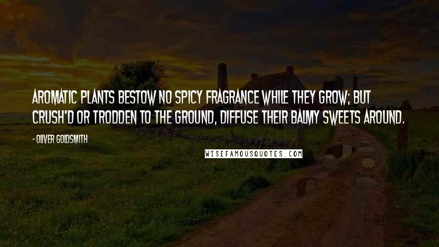 Oliver Goldsmith Quotes: Aromatic plants bestow no spicy fragrance while they grow; but crush'd or trodden to the ground, diffuse their balmy sweets around.
