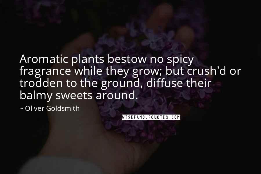 Oliver Goldsmith Quotes: Aromatic plants bestow no spicy fragrance while they grow; but crush'd or trodden to the ground, diffuse their balmy sweets around.