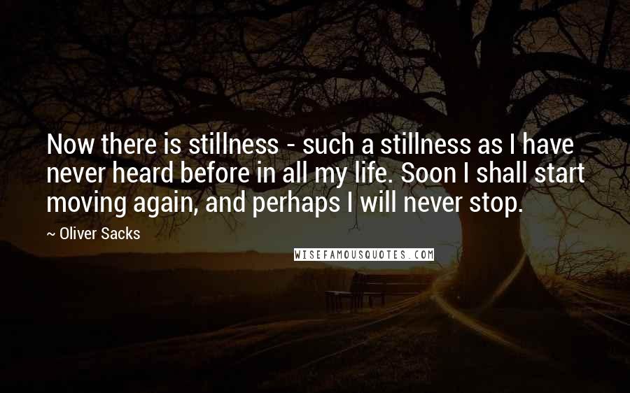 Oliver Sacks Quotes: Now there is stillness - such a stillness as I have never heard before in all my life. Soon I shall start moving again, and perhaps I will never stop.
