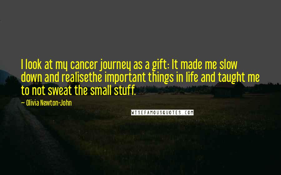 Olivia Newton-John Quotes: I look at my cancer journey as a gift: It made me slow down and realisethe important things in life and taught me to not sweat the small stuff.